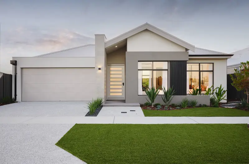 New single-storey home with a wide lawn and garage